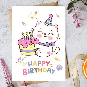 Cute Cat with Birthday Cake Happy Birthday Printable Card Pet Parent Gift Card Cat Lover Animal Lover Kid Gift Instant Digital Download