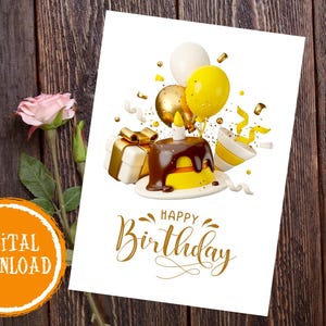 Cartão de feliz aniversário com balão de bolo para impressão para mãe, pai, avô, avó, amiga, irmã, irmão, marido, esposa, download digital instantâneo