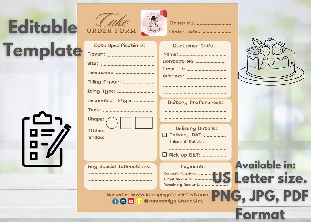 Editable Cake Order Form Template Customizable Cake Order Sheet ...