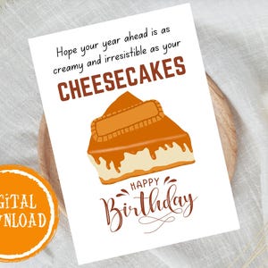 Carte imprimable de joyeux anniversaire de gâteau au fromage au caramel pour le gâteau au fromage, cadeau de boulanger pour boulangerie, cadeau pour amateur de pâtisserie, téléchargement immédiat