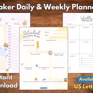 May include: Printable planner for bakers with a daily and weekly layout. The daily planner includes a shopping list, time slots, and a notes section. The weekly planner includes a to-do list and space for each day of the week. The customer order section includes space for the customer's name, date, ingredient list, baking steps, decoration of bakery item, packaging and labeling, pick up/delivery time, and payment details. The planner is available in US Letter size.