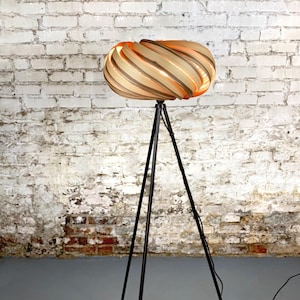 Sustainable tripod floor lamp with olive ash lampshade. 160 cm high.