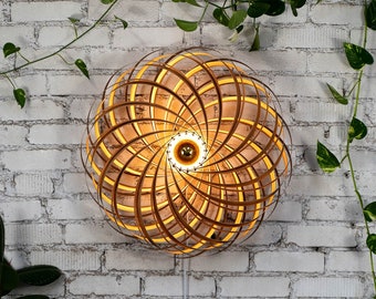 Designer wall lamp made of amber tree wood. Handmade wooden lamp from Cologne studio.