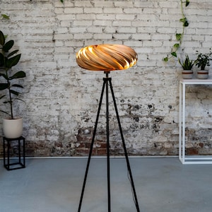 Standing Lamp made of satin walnut wood, handmade design lamp