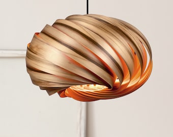 Handmade pendant with spiral-shaped real wood lamellas. Mid-Century satin walnut hanging lamp made in Germany.