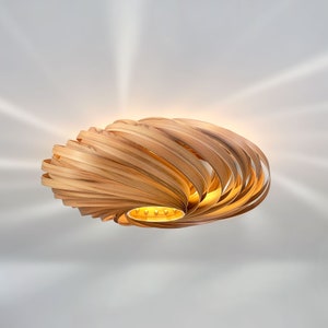 Ceiling lamp made of amber tree wood. Handmade wooden lamp from Cologne studio.