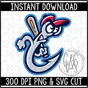 May include: A cartoon gray bird with a red baseball cap holding a wooden baseball bat. The bird is in a blue and white baseball team logo. The text "INSTANT DOWNLOAD" and "300 DPI PNG & SVG CUT" are at the top and bottom of the image.