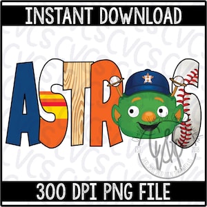 May include: Digital download graphic featuring the word "ASTROS" in blue, orange, and wood-grain textures, with a cartoon alien wearing a baseball cap and a baseball. The image includes the text "INSTANT DOWNLOAD" and "300 DPI PNG FILE".