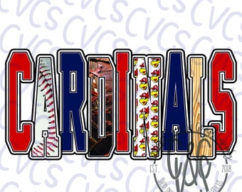 May include: A red, white, and blue graphic design of the word "Cardinals" with baseball-themed imagery. The letters are filled with images of a baseball, a baseball glove, a baseball bat, and a cartoon cardinal.