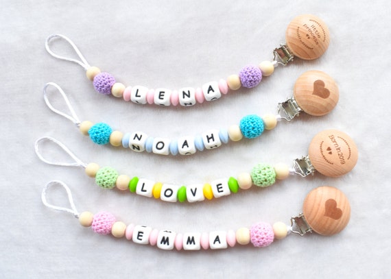 Blue Wooden Baby pacifier Clip Cases Silicone beads Crochet beads pacifier chain