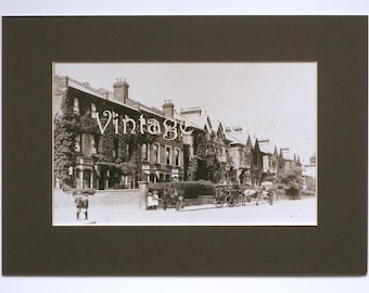 May include: A black and white vintage photograph of a row of houses with a horse-drawn carriage in front. The houses are brick and have ivy growing on them. The carriage is carrying a load of wood.