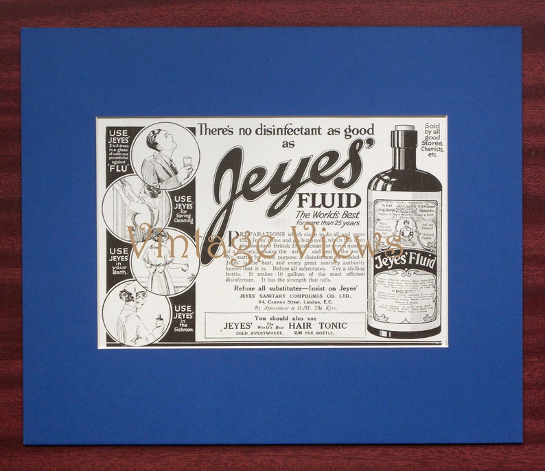 Jeyes' Fluid Disinfectant, genuine original vintage magazine advertisement, 1921. Mounted and ready to frame. image 1