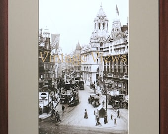 Tottenham Court Road, London, circa 1915.  Photographic reproduction sepia print, mounted and ready to frame. Historic London print.