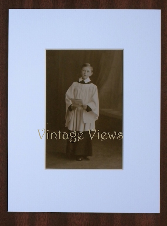 Mounted and ready to frame. original real photo vintage postcard circa 1920s Choirboy in surplice and Eton collar