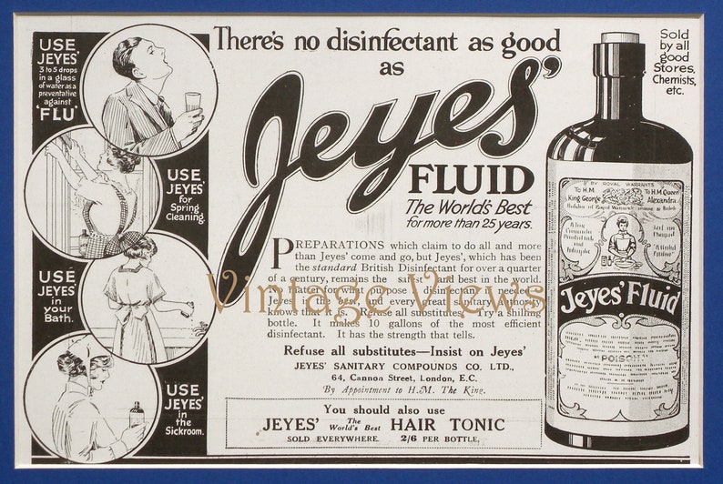 Jeyes' Fluid Disinfectant, genuine original vintage magazine advertisement, 1921. Mounted and ready to frame. image 2