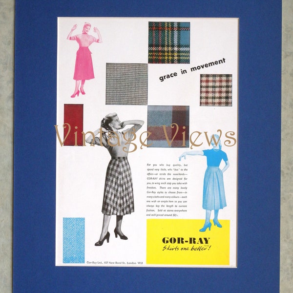 Gor-Ray skirts, genuine original vintage magazine advertisement, 1952. Mounted and ready to frame.
