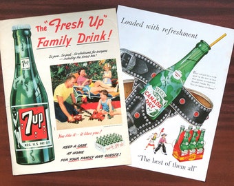 7up / Canada Dry Ginger Ale, two genuine original vintage US magazine advertisements, 1951. Bar wall decor.