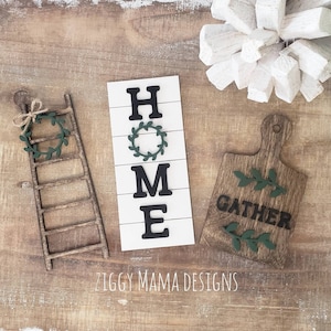 Home Mini Sign, Gather Cutting Board, Mini Wood Ladder, Farmhouse Tiered Tray Decor, 3D Wood Sign, 4" Easel, Home Tiered Tray Decor, Home