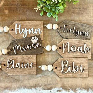 Personalized Christmas Stocking Tag - Beaded Birch Wood Name Tag