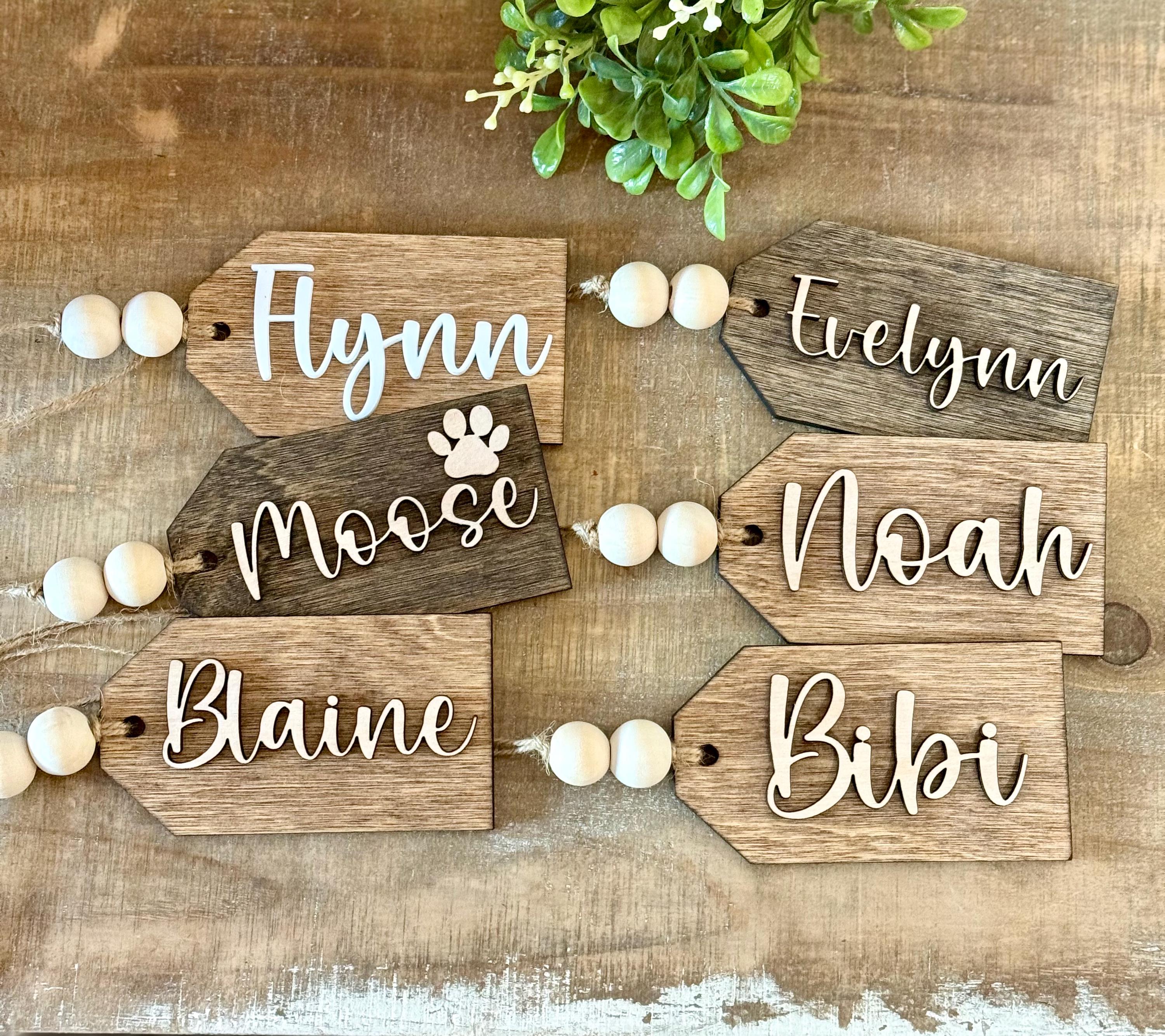 Personalized Christmas Stocking Tag - Beaded Birch Wood Name Tag