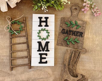 Home Mini Sign – Gather Cutting Board, Mini Wood Ladder, Farmhouse Tiered Tray Decor, 3D Wood Sign with optional 4” Easels, Home Accent