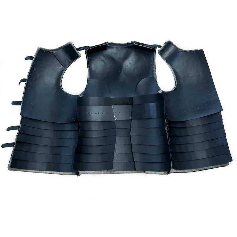 May include: Black leather armor vest with multiple layers of segmented plates. The vest is open in the back, showing the interior lining.