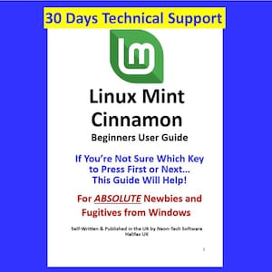 Könnte beinhalten: Ein Benutzerhandbuch für Linux Mint Cinnamon mit blauem Hintergrund und grün-weißem Logo. Das Handbuch richtet sich an Anfänger und enthält den Text "30 Days Technical Support".