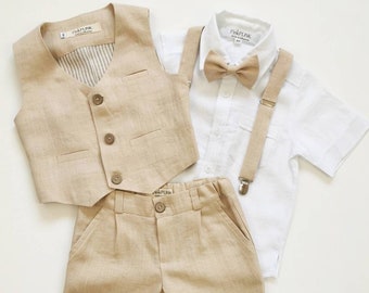 Page boy suit set - Boys linen wedding suit - Ring bearer linen suit -  Toddler wedding outfit: Pants, Vest, Shirt, Bow Tie, and Suspenders