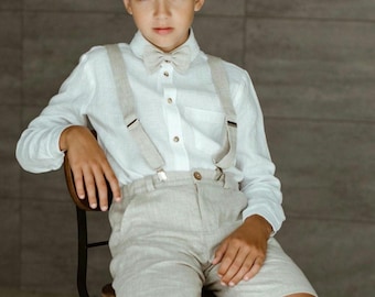 Boys Junior Groomsman Linen Shorts, Teen Wedding Outfit with Suspenders & Bow Tie | 8–15Y