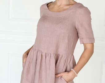 Linen dress with pockets, Loose linen dress,  Washed and soft linen summer dress,  Midi linen dress