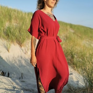 Vestido largo de gasa doble: elegante vestido de muselina con escote en V y cinturón, caftán de algodón