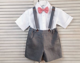 Boys Linen formal wear, Toddler Ring bearer suit, Boys Wedding , Baptism, Linen outfit, suspender shorts + shirt +bow tie, Christening suit.