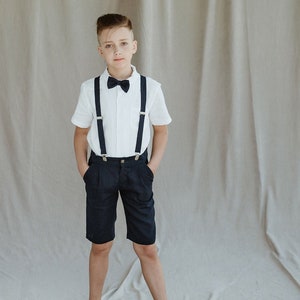 Boys Linen shorts with suspenders bow tie / Toddler Ring Bearer Shorts / Linen Boys Wedding outfit / Formal Wear, Navy Blue image 2