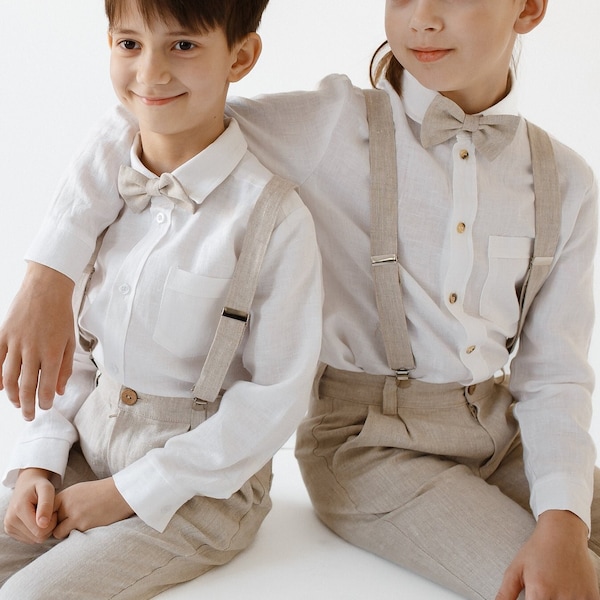 Linen Ring bearer pants / 3pcs: Boys Linen Pants + Suspenders +Bow tie / Linen Boys Wedding outfit/ Baptism pants/ Formal wear