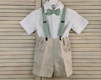 Toddler Ring bearer suit, Boys Wedding Linen outfit, Baptism suspender shorts+shirt, Christening suit, Boys Linen formal wear.