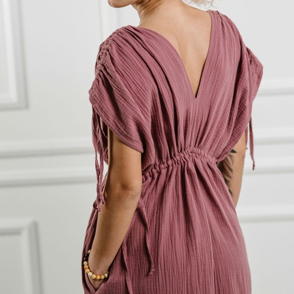 Boho Kleid aus Baumwoll-Musselin mit Taschen – Musselin Sommer Midi Kleid, verstellbare Passform