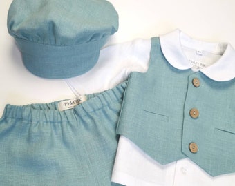 6-9month (74cm) 4 pcs. Boy linen suit: pants, shirt, vest and hat / Christening suit / First birthday / Ring bearer outfit / Baptism outfit