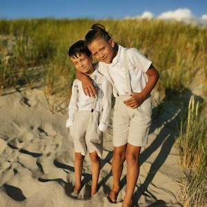 Boys Linen Outfit with Shirt – Ring Bearer Suit, Baptism Set, Wedding Suspender Shorts – 32 Colors, Sizes 3M-9Y
