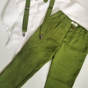 Boys Linen Pants with Suspenders +Bow tie  / 10y-140cm size/ MOSS GREEN /Linen Ring bearer trousers / Linen Boys Wedding outfit