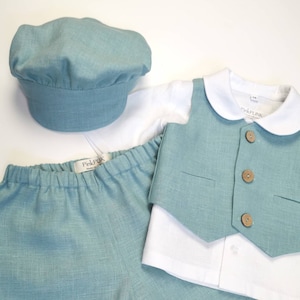 6-9 Monate Baby Junge Leinen Anzug - 4 Teilige Tauf Outfit mit Hose, Weste, Hemd und Mütze | Taufe, Erster Geburtstag, Ringträger