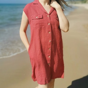 Sleeveless Linen Summer Dress – Relaxed Fit with Button Front and Pockets