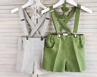 Toddlers linen suspender shorts + bow tie, (Shirt not included) Toddler Ring bearer, Wedding, Linen Baptism shorts