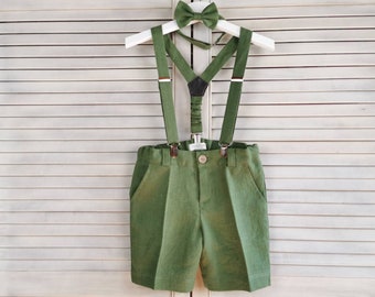 Boys Linen Shorts with Suspenders | Ring Bearer Outfit & Formal Wedding Shorts | Ages 2–9