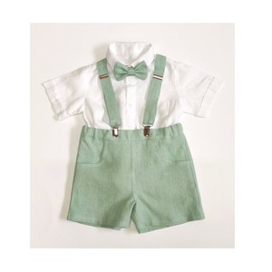 Boys Linen Suspender Set | Baby Boy Wedding Outfit | Ring Bearer Suit | Baptism Shirt Shorts Bow Tie | Summer Christening Clothes