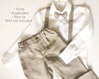 Adorables pantalons, bretelles et noeud papillon pour garçon en lin - Parfaits pour les mariages, la première communion et les occasions formelles !