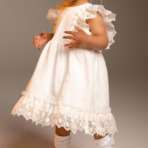 Off-White Linen Flower Girl Dress – Lace Trim Christening Gown for Girls – Wedding or Baptism Outfit (Sizes 1–8 Years)