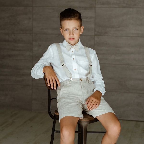 Perfect Wedding Look: Linen Ring Bearer Shorts,  Suspenders, and  Bow Tie Set