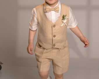 Boys Wedding Linen Outfit / Ring Bearer Suit / Baptism Shorts+Shirt+Vest / Boys Linen Formal Wear.