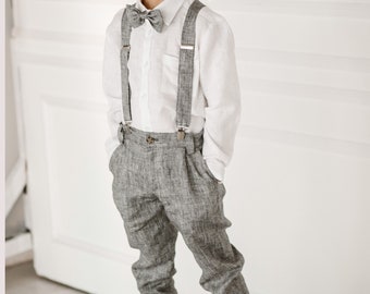 Boys' Linen Suit: Pants, Shirt, Suspender, and Bow Tie - Ideal for Ring Bearers and Wedding Attire