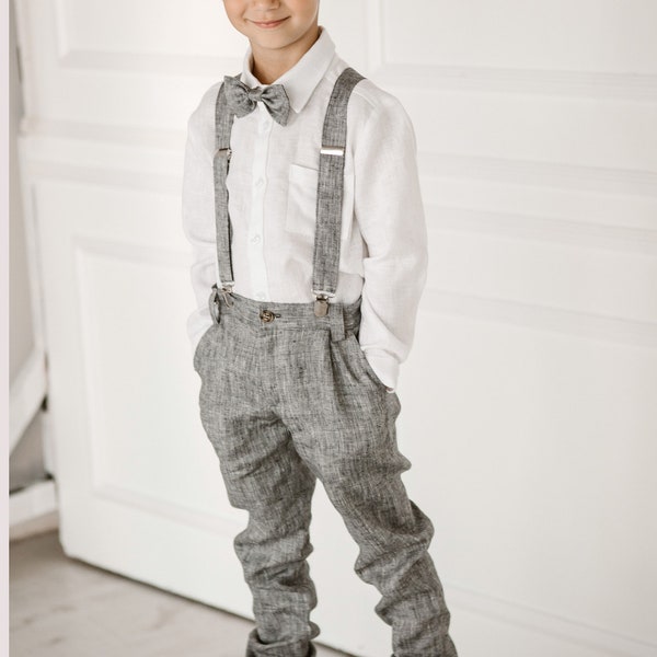 Boys' Linen Suit: Pants, Shirt, Suspender, and Bow Tie - Ideal for Ring Bearers and Wedding Attire